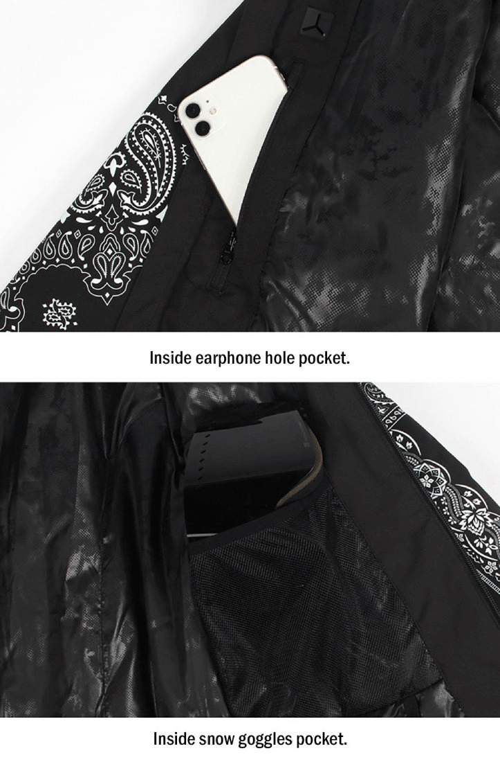 Close-up of ski jacket with inside earphone and snow goggles pockets featuring stylish pattern for optimal organization.
